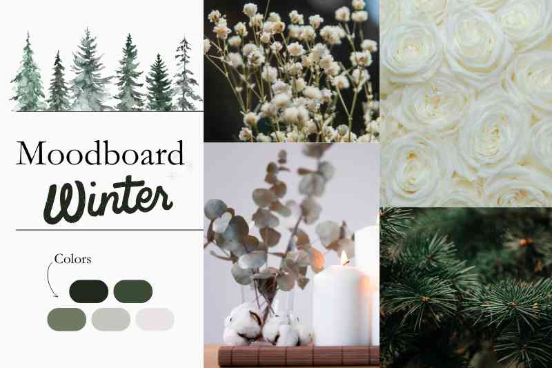 winter moodboard with pine, christmas tree, wholesale secondflor